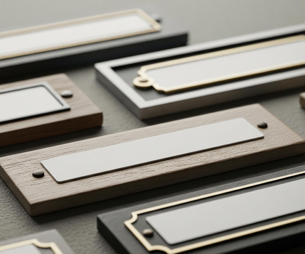 Osiem prostokątnych, ozdobnych tabliczek z miejscem na wpisanie nazwy, ułożonych na szarej powierzchni. Tabliczki różnią się materiałem i wykończeniem: niektóre są ciemnoszare z mosiężnymi ramkami i białymi etykietami, inne z jasnego drewna z prostymi białymi etykietami przymocowanymi metalowymi nitami, a jeszcze inne mają zaokrąglone krawędzie i są wykonane z ciemnego drewna z prostymi, białymi etykietami. Wszystkie białe etykiety pozostają puste, a ogólna kolorystyka jest stonowana, z dominacją szarości, brązów i akcentów mosiądzu.