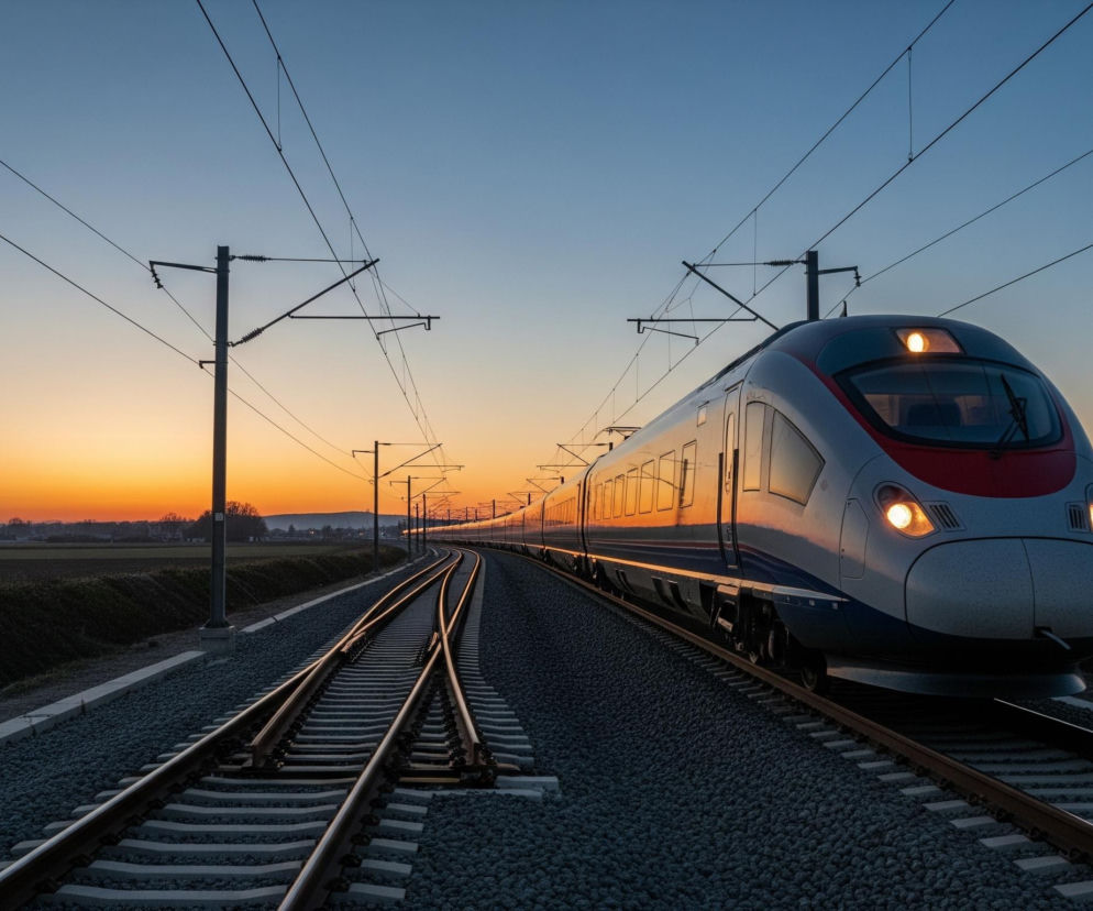 Srebrno-niebieski pociąg, z czerwonymi akcentami na przodzie i wzdłuż boku, mknie po torach w kierunku prawego dolnego rogu zdjęcia. Reflektory pociągu świecą jasno, a jego boczne okna odbijają intensywne pomarańczowe światło zachodzącego słońca, kontrastując z górnym, błękitnym niebem. Tory kolejowe, składające się z ciemnych szyn i jasnoszarych podkładów na żwirowym podłożu, rozgałęziają się na pierwszym planie, biegnąc w głąb obrazu i zakręcając w lewo. W tle rozciąga się krajobraz z polami uprawnymi, niektórymi ciemnozielonymi, innymi o barwie ziemi, a horyzont barwi się ciepłym, pomarańczowo-żółtym blaskiem zachodu słońca.