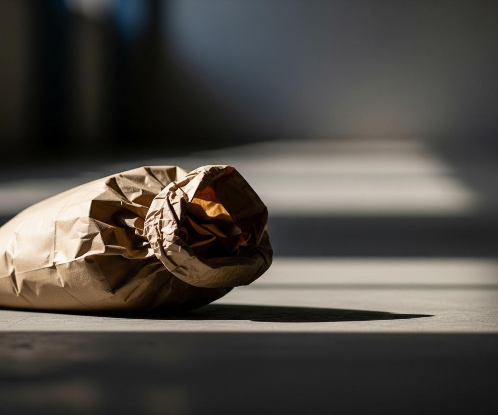 Na betonowej powierzchni, na pierwszym planie, leży pognieciona brązowa papierowa torba. Wnętrze torby jest jaśniejsze i bardziej pomarańczowe, a jej otwór jest zwinięty. Torba rzuca wyraźny, ciemny cień na podłoże. Tło jest rozmyte, z widocznymi poziomymi pasmami światła i cienia, tworzącymi rytmiczny wzór. Dominują odcienie szarości i brązu, z kontrastującymi jasnymi smugami światła.