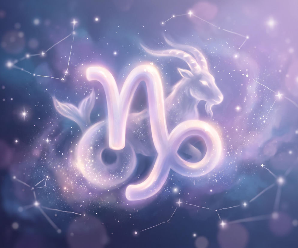 Świecący symbol Koziorożca na tle gwieździstego nieba z wizerunkiem mitycznego stworzenia. Horoskop sprawdź na Eska.