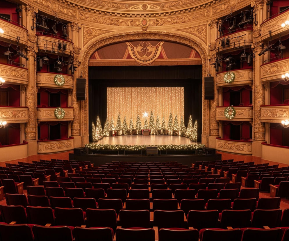 Elegancka sala teatralna z rzędami pustych, bordowych foteli, skierowanych w stronę bogato zdobionej sceny. Po obu stronach sceny wznoszą się złote balkony z rzeźbionymi detalami i żyrandolami, a na niektórych balustradach wiszą wieńce z białymi lampkami. Centralnie na scenie znajduje się rząd kilkunastu stożkowatych, jasno oświetlonych choinek, ustawionych przed kurtyną pokrytą pionowymi sznurami światełek, tworzącymi efekt spadającego blasku.