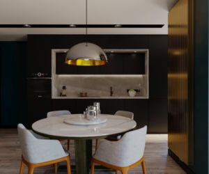 Elegancki salon z kuchnią - projekt koncepcyjny