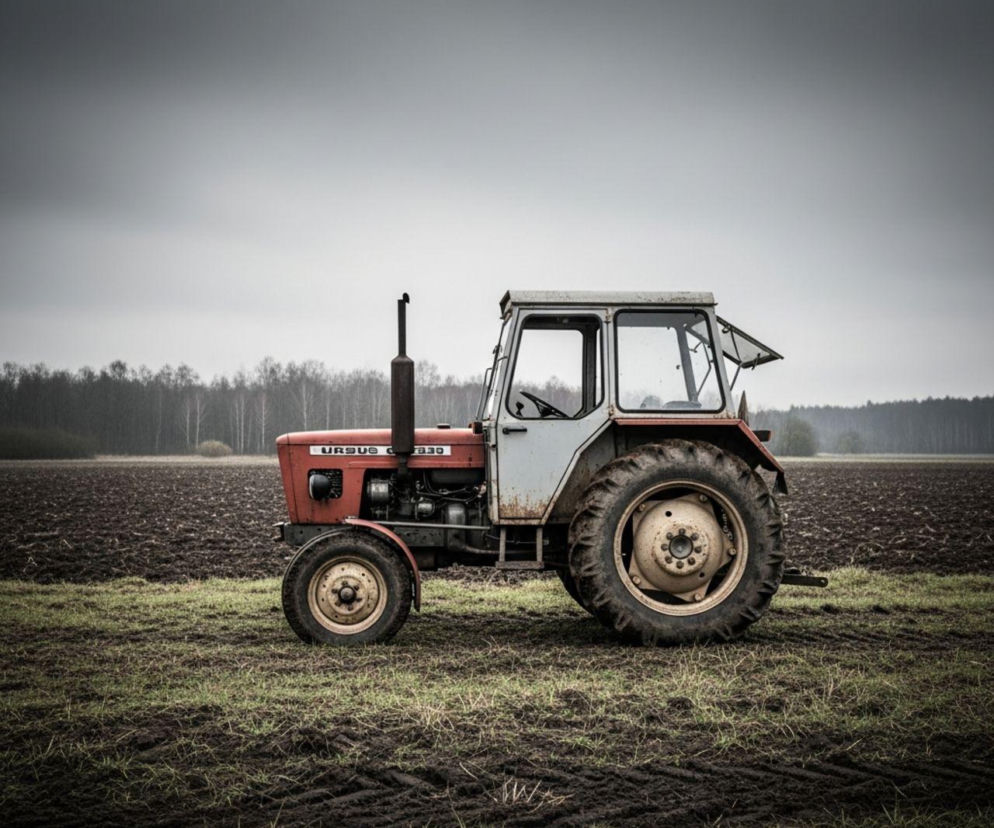Czerwony traktor Ursus C-330 stojący na świeżo zaoranym, błotnistym polu pod pochmurnym niebem. W tle widoczny las, symbolizujący wyzwania polskiego rolnictwa i rosnące zadłużenie, o czym można przeczytać na Super Biznes.