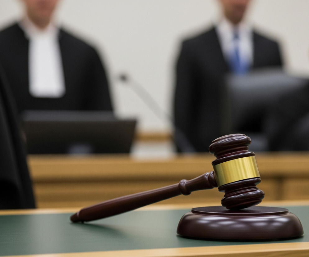 Na pierwszym planie, na zielono-brązowym blacie stołu, leży drewniany młotek sędziowski w kolorze ciemnobrązowym, z poziomym złotym pasem wokół głowicy, oparty na okrągłej podstawce w tym samym kolorze. Blat stołu jest obramowany jaśniejszym, drewnianym brzegiem. W tle, trzy rozmyte postacie w czarnych togach i białych kołnierzykach lub krawatach siedzą za drewnianym stołem, ich górne części ciał są widoczne. Biała ściana stanowi tło dla postaci.