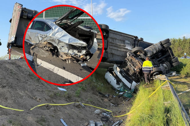 Groźny wypadek na S8. Ciężarówka na boku, na miejscu służby