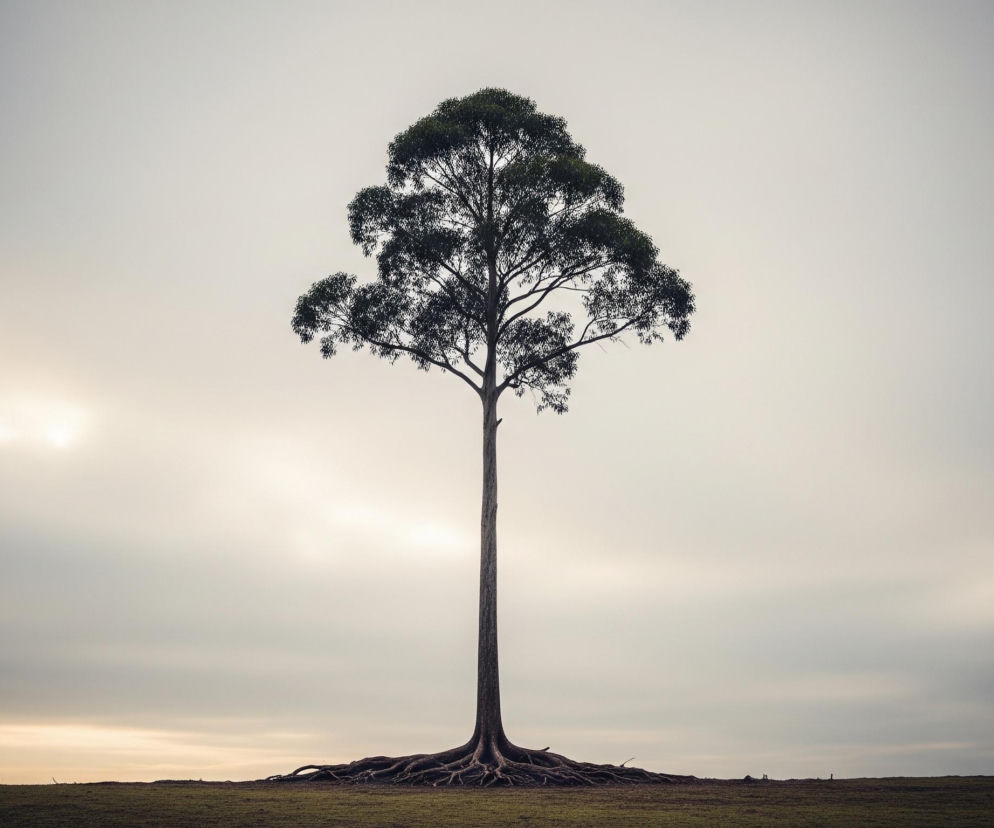 Centralnym elementem obrazu jest wysokie, samotne drzewo o smukłym pniu i gęstej, ciemnozielonej koronie, rozpościerającej się szeroko u góry. U podstawy pnia widoczne są szeroko rozgałęzione korzenie, częściowo wystające ponad ziemię. Drzewo stoi na lekko pofalowanym, zielono-brązowym gruncie, który rozciąga się w dół kadru. Tło stanowi zamglone, jasne niebo, przechodzące od bieli i jasnej szarości w górnej części, do cieplejszych, złocisto-beżowych odcieni u horyzontu po lewej stronie. Po lewej stronie nieba delikatnie przebija jaśniejsza plama światła, sugerująca słońce ukryte za chmurami.