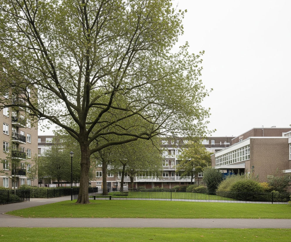 Dominantnym elementem obrazu jest rozłożyste drzewo z jasnymi, młodymi liśćmi, umiejscowione w centrum, z jego koroną sięgającą niemal do górnej krawędzi kadru. Po lewej stronie widać fragment ceglanego, wielopiętrowego budynku mieszkalnego z balkonami, a po prawej niski budynek z dużymi oknami i niebieskimi drzwiami, również z cegły. Na pierwszym planie rozciąga się zielony trawnik, przecięty ciemnoszarym chodnikiem, który zakręca w prawo, a za nim widoczny jest czarny metalowy płot.