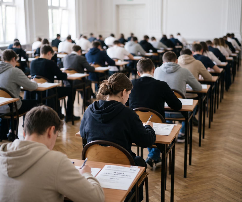 Uczniowie piszący maturę w dużej sali gimnastycznej. O wynikach egzaminów w Białymstoku przeczytasz na SE.