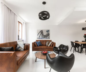 Nowoczesny salon z brązową kanapą