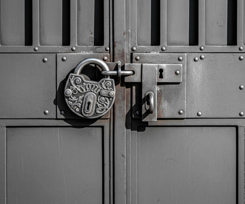 Na zdjęciu widoczne są dwuskrzydłowe, metalowe wrota w odcieniach szarości, zabezpieczone ozdobną kłódką. Centralnie umiejscowiona kłódka jest metalowa, srebrzysta, z bogatym, floralnym zdobieniem na korpusie i widocznym otworem na klucz. Kłódka zamyka metalową skobel, również utrzymaną w szarym kolorze, zamontowaną na prawym skrzydle wrót, nad którą znajduje się dodatkowy otwór na klucz. Wrota składają się z kilku prostokątnych paneli, połączonych widocznymi nitami, tworzącymi regularny wzór, oraz z pionowych prętów w górnej części.