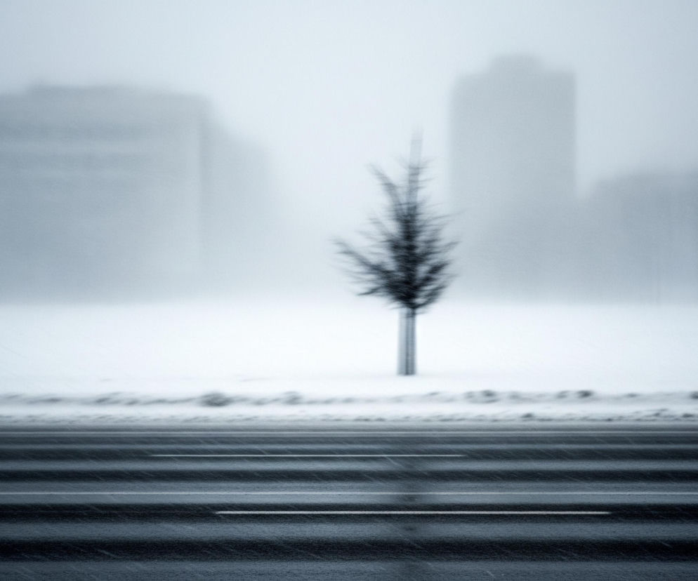 Na obrazie dominuje zimowy krajobraz. Czarna, mokra asfaltowa droga z wieloma pasami ruchu biegnie przez dolną część kadru, zaznaczona białymi liniami przerywanymi i ciągłymi. Tuż za drogą rozciąga się zaśnieżony teren, na którym stoi samotne, ciemne, bezlistne drzewo o smukłym pniu. W tle, otoczone gęstą mgłą, widać niewyraźne, szare kształty wysokich budynków, które wtapiają się w bladoniebiesko-szare niebo. Całość utrzymana jest w chłodnej tonacji bieli, szarości i błękitu, sugerując mroźny dzień i słabą widoczność.