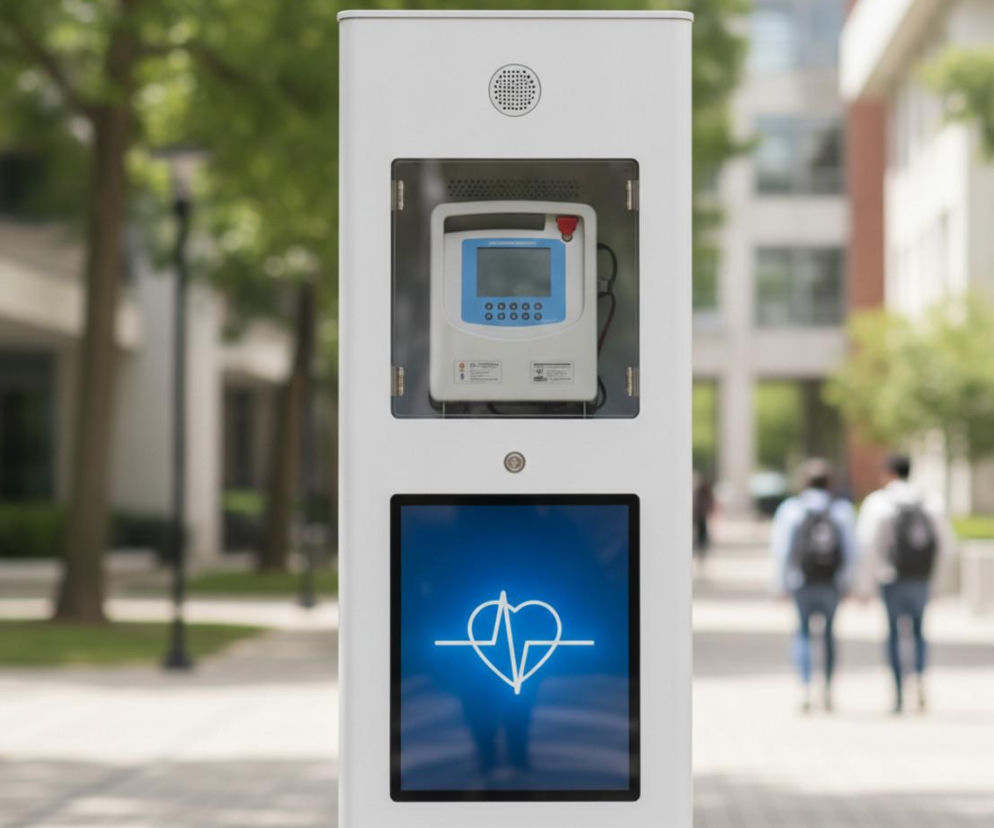 Biała wieża z defibrylatorem AED i ekranem z ikoną serca. O systemie Tower of Life przeczytasz na Poradnik Zdrowie.