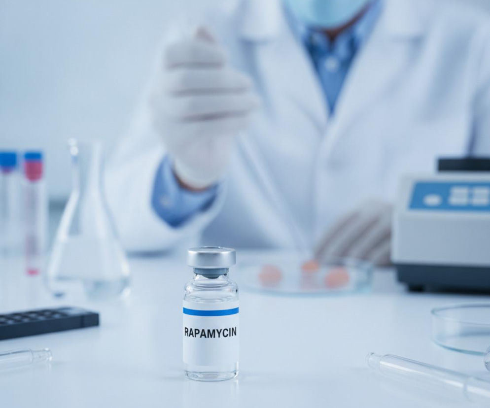 Fiolka z napisem RAPAMYCIN na stole laboratoryjnym przed naukowcem. O badaniach nad autyzmem przeczytasz na Poradnik Zdrowie.