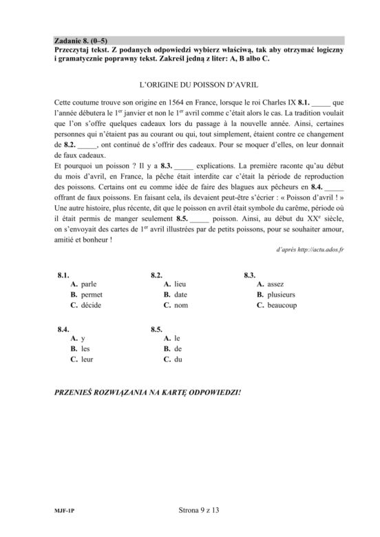 ARKUSZE CKE - Matura francuski - poziom podstawowy 2019