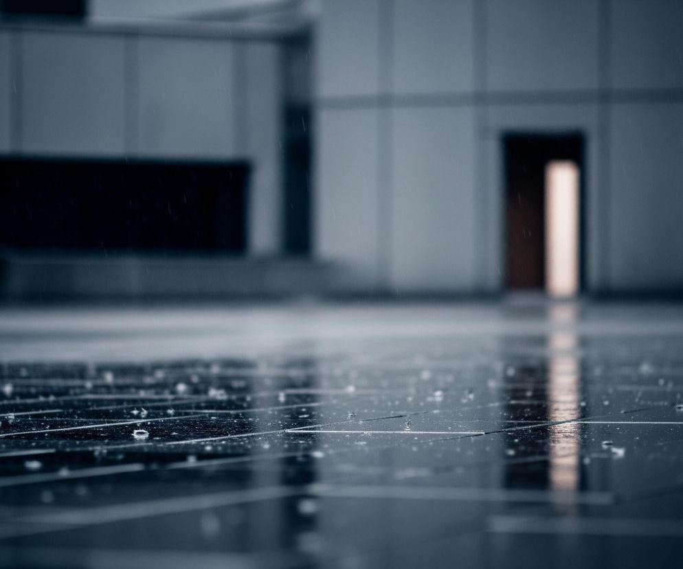 Na pierwszym planie widoczna jest mokra, ciemna powierzchnia z licznymi kroplami wody, odbijająca światło i tworząca efektowną grę refleksów. Powierzchnia ta jest poprzecinana jaśniejszymi liniami, sugerującymi podział na płytki lub panele, tworzącymi prostokątne kształty. W tle rozmazany jest budynek o jasnoszarych ścianach, z widocznymi pionowymi i poziomymi liniami. Po prawej stronie, w oddali, znajduje się ciemna wnęka drzwiowa z jasnym światłem wewnątrz, które odbija się na mokrej posadzce. Cała scena utrzymana jest w chłodnej tonacji szarości i błękitu, z nielicznymi jasnymi akcentami.
