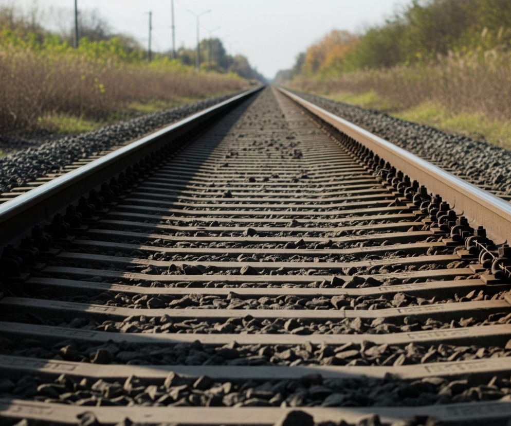 Pojedynczy tor kolejowy, składający się z dwóch równoległych szyn, rozciąga się w głąb kadru, tworząc wyraźną linię zbiegającą się w oddali. Szyny są zamocowane na betonowych podkładach, a przestrzeń między nimi i wokół nich wypełnia ciemnoszary tłuczeń kamienny. Po obu stronach torów rośnie gęsta, sucha trawa i krzewy o barwach od jasnobrązowej do zielonej, a w tle widać niebo z delikatnymi białymi chmurami.