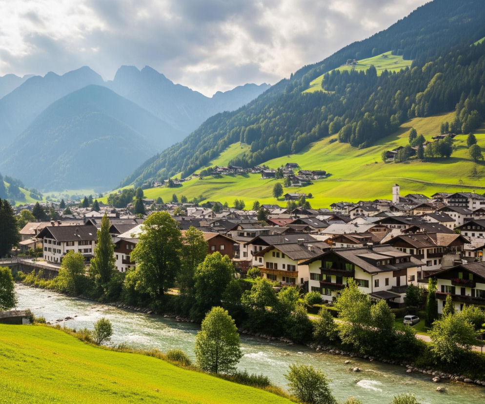 U podnóża rozległych, zielonych gór, pod szarym, zachmurzonym niebem, znajduje się malownicza wioska z białymi domami z ciemnymi dachami. Przez środek wioski, pomiędzy gęstymi drzewami i zielonymi wzgórzami, płynie rzeka o turkusowej wodzie. W oddali, w górskiej dolinie, widać mgliste zarysy kolejnych szczytów.