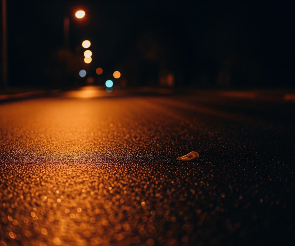 Mokra asfaltowa nawierzchnia ulicy, widoczna w perspektywie, rozciąga się od pierwszego planu ku oddali. Na ciemnym tle deszczowej drogi odbija się pomarańczowo-żółte światło z rozmytych latarni ulicznych i sygnalizacji świetlnej w tle. W centrum zdjęcia, na mokrej powierzchni, leży pojedynczy, jasny liść, jego krawędzie są delikatnie zaokrąglone.