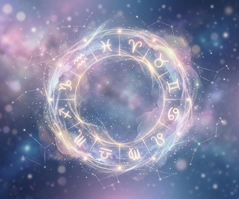 Świecący złoty krąg z dwunastoma znakami zodiaku na tle gwieździstego nieba. O horoskopie przeczytasz na antenie VOX FM.