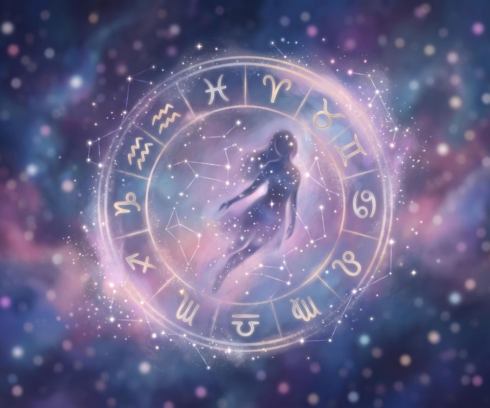 Sylwetka kobiety w kole zodiaku na tle kosmosu. O horoskopie na dziś i głosie serca przeczytasz na VOX FM.