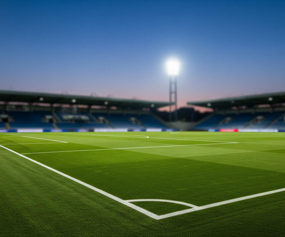 Stadion sportowy o zmierzchu lub wczesnym wieczorem. Na pierwszym planie widać zieloną murawę boiska z białymi liniami, w tym linią pola karnego i łukiem narożnika po prawej stronie. Po lewej stronie znajduje się biała bramka z siatką oraz dwa żółte słupy, jeden wysoki, drugi krótszy, częściowo zasłonięte przez bramkę. W tle rozciągają się niebieskie trybuny stadionu, a nad nimi ciemniejące niebo z różowymi akcentami przy horyzoncie, rozświetlone przez reflektory na wysokich masztach.