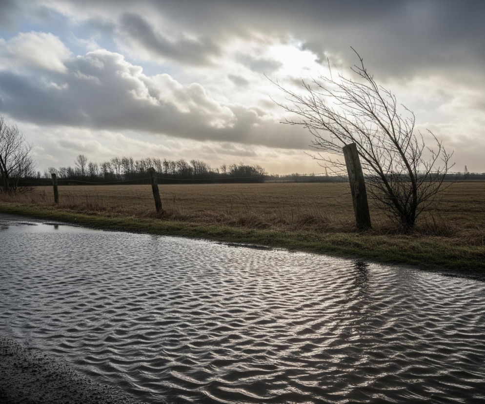 Na pierwszym planie, w lewej dolnej części kadru, rozciąga się duża kałuża wypełniona wodą, z wyraźnymi zmarszczkami i odbiciami światła na jej powierzchni. Kałuża otoczona jest ciemną, błotnistą ziemią oraz fragmentami suchej, brązowej trawy i zielonej roślinności. Po prawej stronie kałuży biegnie wąska, ziemna droga, a wzdłuż niej, w kierunku oddali, widoczny jest prosty płot z drewnianymi słupkami i drutem.

Na prawym brzegu drogi, tuż za płotem, wznosi się młode drzewo o nagich gałęziach, silnie pochylone w lewo, co sugeruje silny wiatr. Dalej w tle, po prawej stronie horyzontu, rozciąga się rozległe, suche pole uprawne w kolorze brązowo-żółtym. Na horyzoncie, w centralnej części zdjęcia, widać pas ciemnych drzew bez liści, tworzących linię lasu.

Powyżej linii drzew rozciąga się dramatyczne, zachmurzone niebo. Chmury są szaro-białe, częściowo przepuszczają światło słoneczne, tworząc jasne plamy i promienie słońca, szczególnie widoczne w centralnej i prawej górnej części kadru. Kolory na zdjęciu są stonowane, z przewagą odcieni brązu, szarości i błękitu, z kontrastującymi jasnymi punktami na niebie i powierzchni wody.