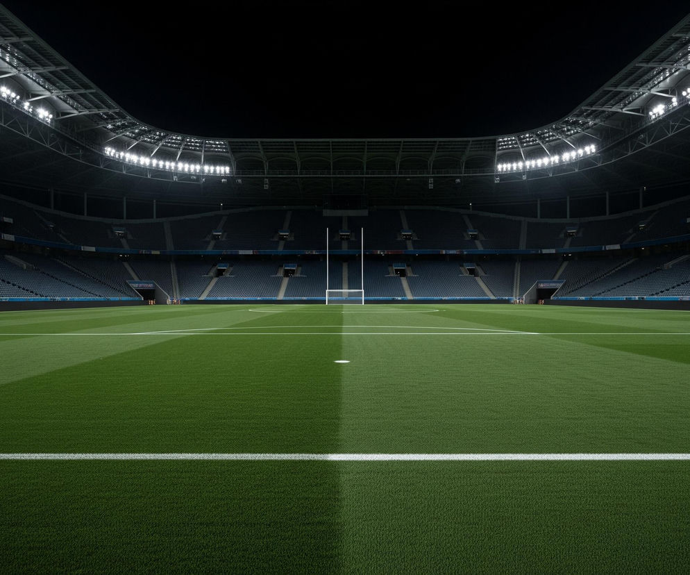 Stadion sportowy z zielonym polem trawiastym zajmuje większą część dolnej połowy kadru, oświetlony jasnymi reflektorami umieszczonymi pod dachem. Na środku boiska widoczne są białe słupy bramki, a po bokach wznoszą się ciemne, puste trybuny. Oświetlone pasy zielonej trawy kontrastują z zacienionymi fragmentami, tworząc wyraźne, poziome paski.