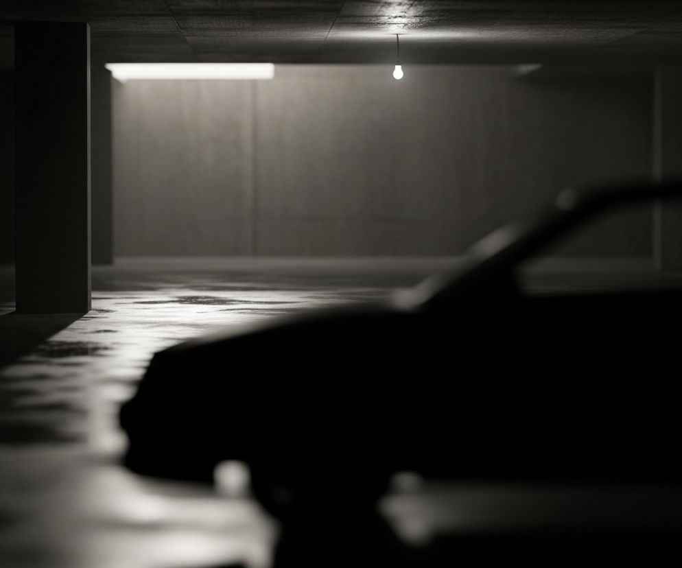Rozmyta sylwetka samochodu, pogrążona w ciemności, zajmuje większą część prawego i dolnego kadru. W tle widać betonowe filary i ściany o szarej, chłodnej barwie, rozjaśnione smugami światła z podłużnej lampy i pojedynczej żarówki zwisającej z sufitu. Posadzka jest mokra i błyszcząca, odbijając blade światło i tworząc ciemne cienie rzucane przez filary i samochód, potęgując wrażenie głębi i wilgoci.
