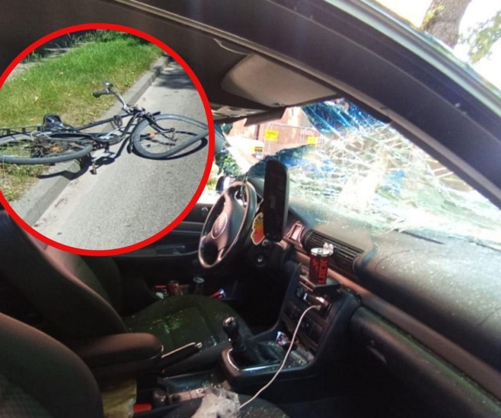 Pijany 61-latek na rowerze wjechał pod audi i trafił do szpitala. Szyba roztrzaskała się w drobny mak