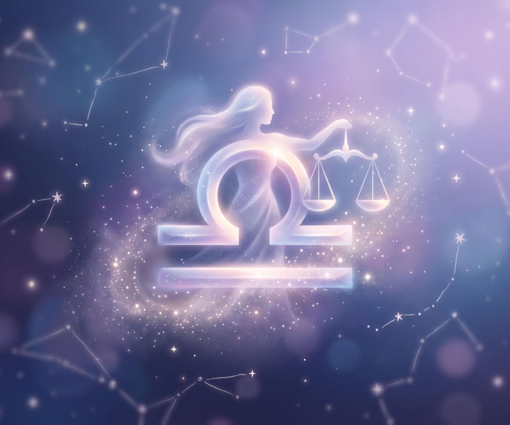 Świecący symbol znaku zodiaku Wagi na tle gwieździstego nieba. O horoskopie dla Wagi przeczytasz na Eska.