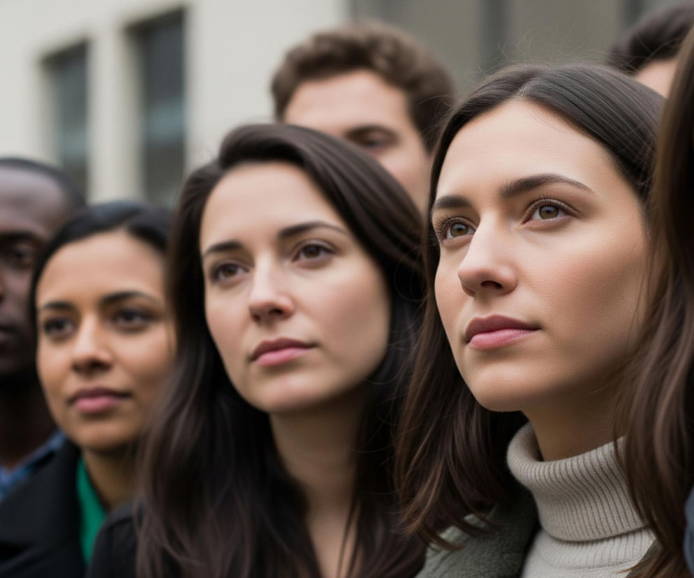 Grupa osób stoi w szeregu, patrząc w jednym kierunku, z widocznym fragmentarycznie tłem jasnego budynku. Na pierwszym planie, w prawym centrum, znajduje się kobieta z długimi, ciemnymi włosami i brązowymi oczami, ubrana w beżowy golf i szary płaszcz, jej twarz jest skierowana lekko w górę. Obok niej, nieco z tyłu i po lewej, widać twarze i częściowo ramiona innych osób o różnych odcieniach skóry i kolorach włosów, w tym mężczyznę z brązowymi włosami oraz ciemnoskórego mężczyznę w błękitnej koszuli. Tło jest rozmyte, z widocznymi zarysami okien.