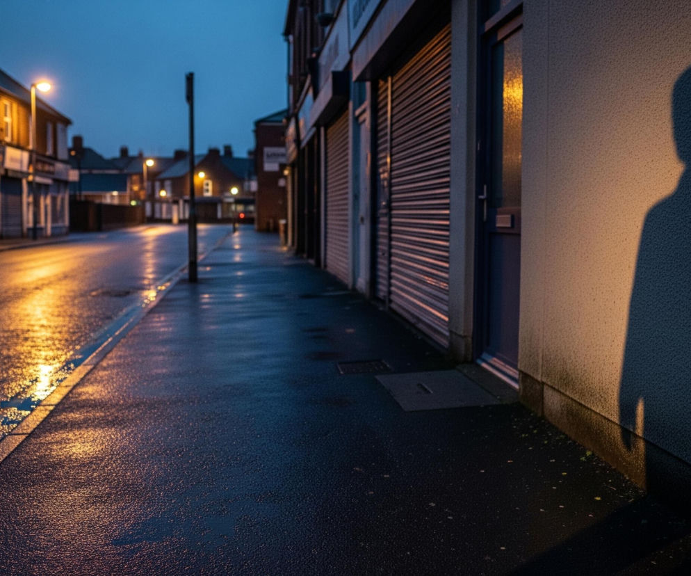 Duży, ciemny cień postaci ludzkiej rzuca się na prawą ścianę budynku, która ma jasny, beżowy kolor i szorstką teksturę. Poniżej rozciąga się ciemny, mokry chodnik, odbijający smugi jasnego, pomarańczowego światła z latarni ulicznej widocznej w oddali po lewej stronie. Dalej wzdłuż ulicy ciągną się dwupiętrowe budynki z zasuniętymi roletami, a horyzont zamyka ciemne, zachmurzone niebo.