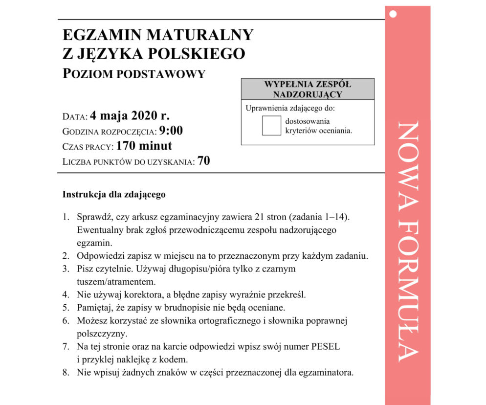 ARKUSZE CKE - Matura j.polski - poziom podstawowy 8.06.2020