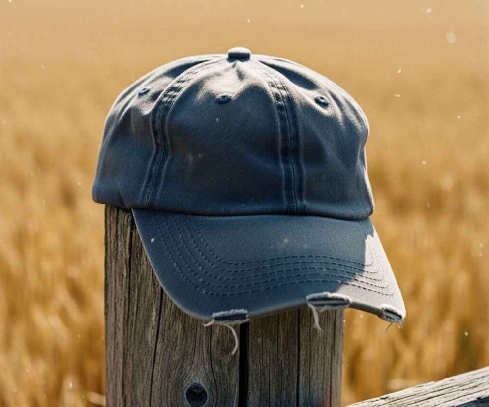 Zużyta granatowa czapka z daszkiem leżąca na drewnianym słupku ogrodzenia, na tle rozmytego złotego pola. Scena symbolizuje codzienność rolnika i konieczność ochrony przed słońcem, o której przeczytasz na portalu Super Biznes.