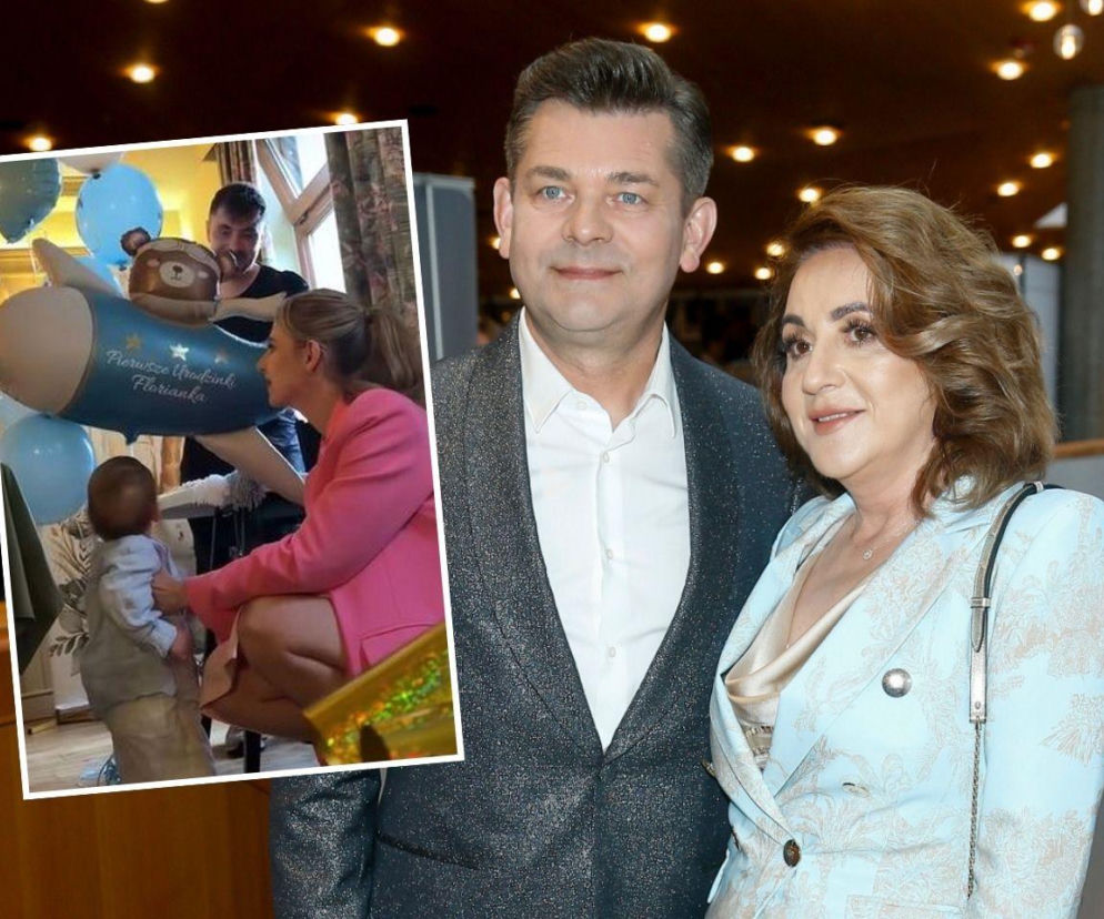 Zenon i Danuta Martyniukowie pozują do zdjęcia, obok kolaż z urodzin wnuka Floriana, gdzie jego mama, Faustyna, wraz z dzieckiem i Danielem celebrują roczek. Temat rodzinnego konfliktu Martyniuków poruszony na naszym portalu.