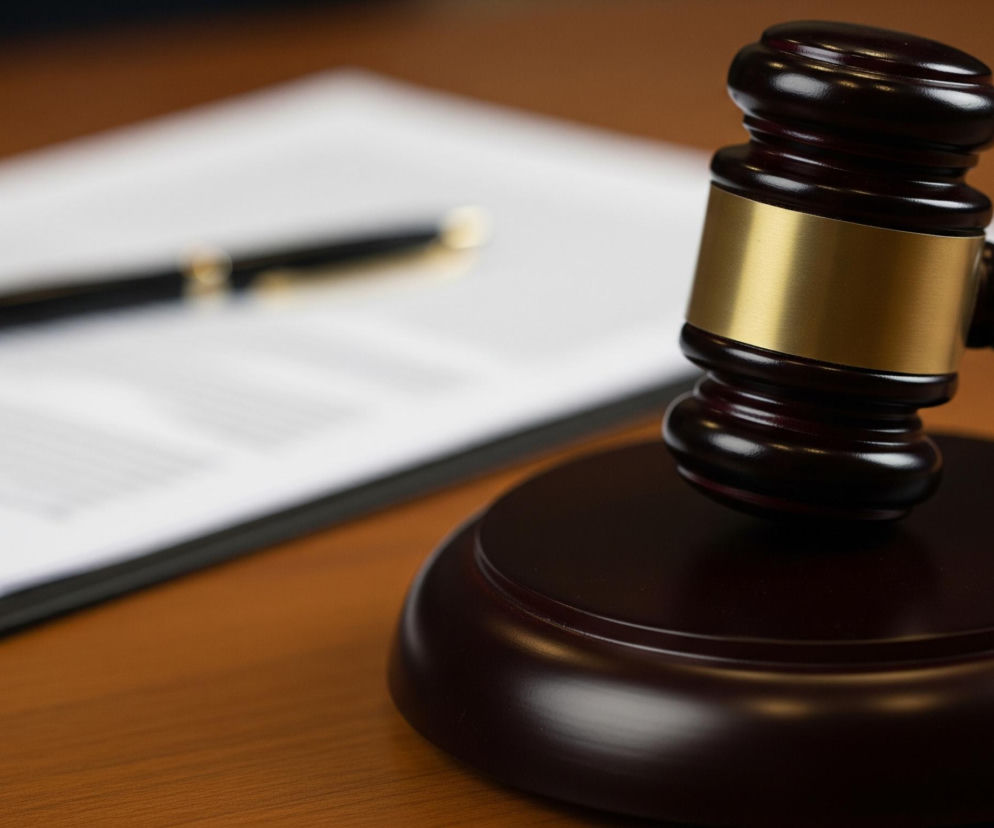 Na pierwszym planie, po prawej stronie, znajduje się drewniany młotek sędziowski w kolorze ciemnobrązowym, z poziomym złotym paskiem na główce. Młotek oparty jest na okrągłej, drewnianej podstawce, również w ciemnobrązowym odcieniu, stojącej na brązowym, drewnianym blacie. W tle, po lewej stronie, widać rozmyte białe dokumenty ułożone na czarnej podkładce, a na nich leży długopis z czarnym korpusem i złotymi elementami. Całość oświetlona jest w taki sposób, że na obiekcie i tle występują refleksy świetlne.