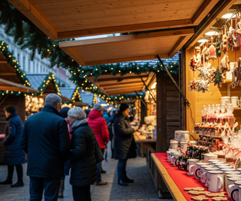 Prawa strona obrazu przedstawia stoisko na jarmarku z drewnianym blatem pokrytym czerwonym materiałem, na którym stoją rzędy białych kubków z ciemnymi obrzeżami oraz kilka dużych pierników w kształcie serc. Nad blatem, z sufitu stoiska, zwisają liczne pierniki w kształcie gwiazdek, ludzików i choinek, zawieszone na czerwonych wstążkach. Tło za kubkami wypełniają półki z białymi i czarnymi kubkami. Po lewej stronie widać fragment kolejnego stoiska z towarem na czerwonym blacie oraz zamazane sylwetki ludzi, a dalsza perspektywa ukazuje szereg podobnych straganów z jasnymi, ozdobnymi światełkami i zielonymi girlandami na dachach, w tle zaś widać zarysy budynków.