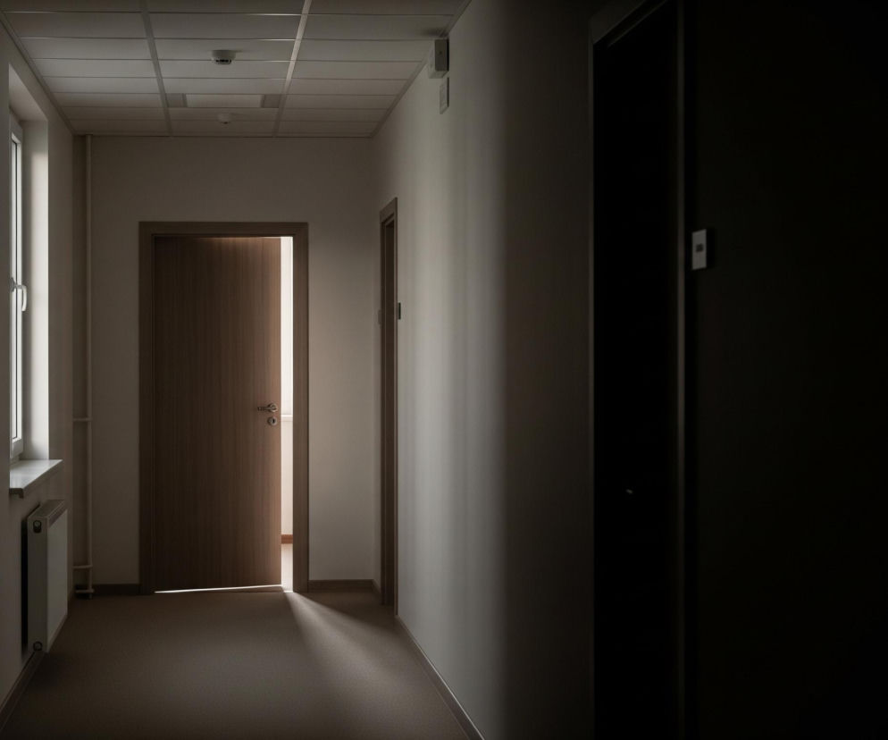 Długi korytarz, oświetlony naturalnym światłem z częściowo uchylonych drzwi po lewej stronie, prowadzi w głąb ciemności. Światło tworzy jasną smugę na podłodze, a wokół drzwi widać jaśniejsze odcienie beżu i szarości. Wzdłuż lewej ściany, obok drzwi, znajduje się okno z parapetem i grzejnikiem pod nim, a w oddali widać jeszcze jedne otwarte drzwi. Sufit korytarza jest panelowy, z widocznymi kratkami wentylacyjnymi i czujnikami dymu. Prawa strona korytarza jest w znacznej części pogrążona w ciemności, jedynie fragment ściany i ciemne drzwi są lekko widoczne.