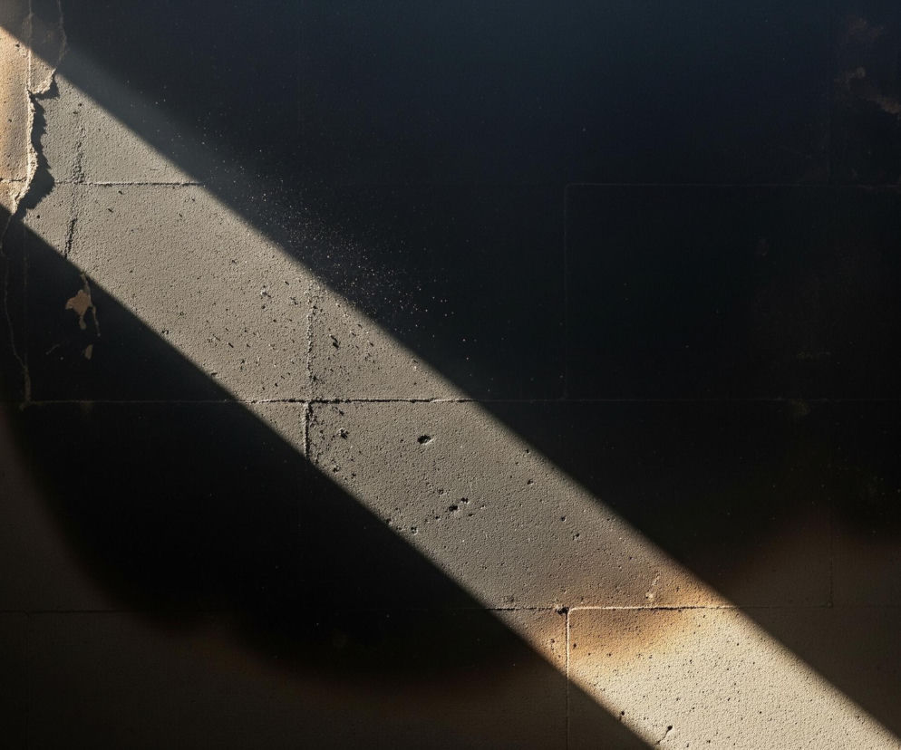 Pionowa, prostokątna ściana z bloków, widoczna z przodu, jest rozświetlona przez ukośny promień słońca. Promień biegnie od lewego górnego rogu w dół, na prawo, przecinając ścianę na dwie części: lewą, oświetloną, o barwie beżowo-brązowej, i prawą, pogrążoną w ciemnym cieniu. Oświetlona część ściany ma ziarnistą teksturę, z widocznymi drobnymi nierównościami i ciemnymi plamkami. Wzdłuż środka ściany biegną poziome linie fug między blokami, widoczne zarówno w jasnej, jak i ciemnej części, natomiast pionowe linie są mniej wyraźne. Na granicy cienia i światła widać poszarpaną krawędź.