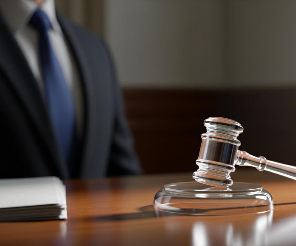 Młotek sędziowski wykonany z przezroczystego materiału leży na drewnianym blacie stołu, z głowicą uniesioną i opartą o podstawkę. Obok młotka, po lewej stronie, widać stos białych kartek papieru. W tle, częściowo niewyraźna sylwetka osoby w ciemnym garniturze i niebieskim krawacie jest widoczna, siedząca za stołem. Cała scena jest oświetlona z góry, tworząc refleksy na młotku i blacie.