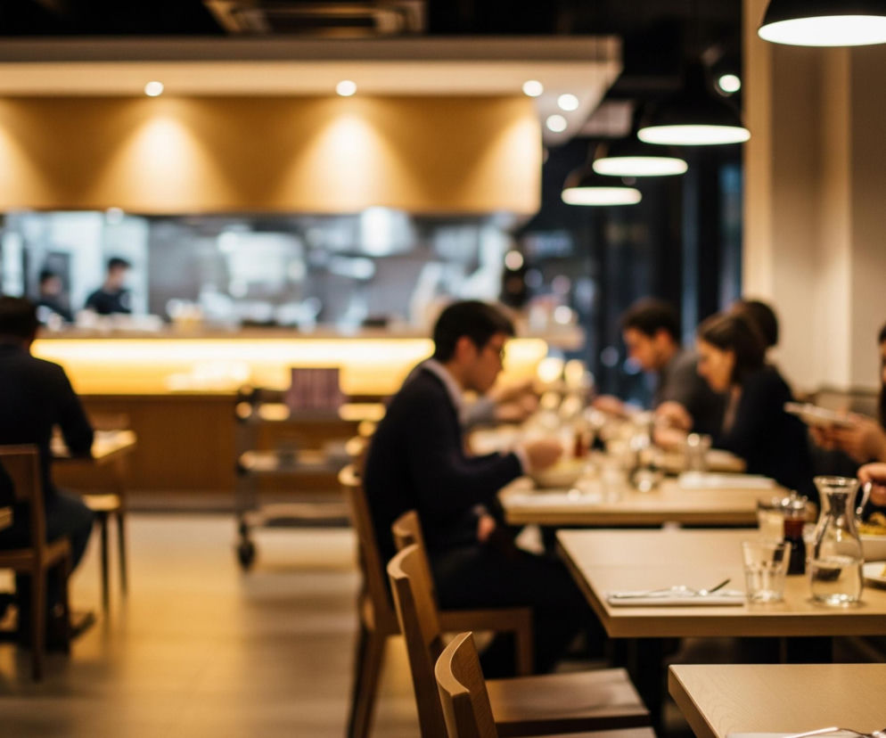 Wnętrze restauracji z rozmazanymi postaciami jedzącymi przy drewnianych stołach w świetle lamp. W tle widoczna jest kuchnia z metalowymi powierzchniami i przygaszonym oświetleniem, a także sylwetki pracowników. Wokół dominują ciepłe odcienie drewna i beżu, kontrastujące z czarnymi detalami sufitu i lamp.