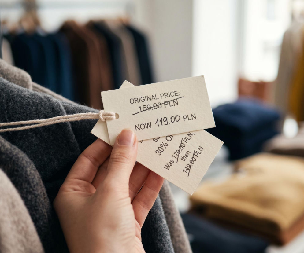 Dłoń trzymająca dwie metki z przecenami na odzieży. Na wierzchu ORIGINAL PRICE: 159.00 PLN NOW 119.00 PLN, poniżej Was 179.00 PLN, then 149.00 PLN, co ilustruje fałszywe promocje w sklepach, o których pisze Super Biznes.