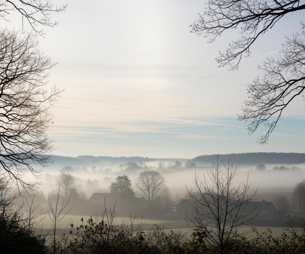 Rozległy krajobraz jest wypełniony mgłą, która snuje się nisko nad ziemią, przesłaniając odległe elementy. Nagie gałęzie drzew, pozbawione liści, tworzą ciemne, graficzne sylwetki na pierwszym planie, zarówno po lewej, jak i prawej stronie kadru, otaczając widok jak rama. W tle, ponad mgłą, widać pofałdowany teren z zarysami lasów i pojedynczych zabudowań wiejskich, które częściowo wynurzają się z mlecznej zasłony. Niebo, jasne i częściowo zachmurzone, z delikatnymi smugami chmur, stanowi górną część obrazu.