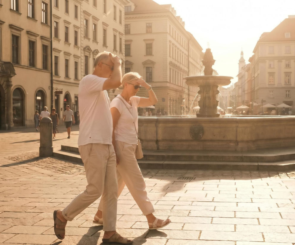 Para osób osłaniających twarze dłońmi przed intensywnym słońcem, spacerująca po brukowanym placu miejskim z zabytkową fontanną i kamienicami w tle, symbolizuje upał opisywany na naszym portalu.