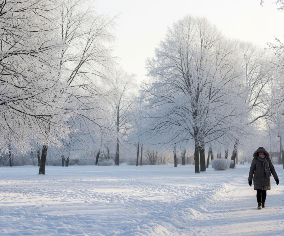 Kobieta w ciemnej kurtce z kapturem obszytym futrem, szarym szaliku i czarnych rękawiczkach idzie ścieżką usłaną śniegiem w zimowym parku. Po obu stronach ścieżki i na tle widać liczne drzewa i krzewy pokryte szadzią, tworzącą białą otoczkę na ich gałęziach. Cały teren pokrywa gruba warstwa białego śniegu, a na pierwszym planie, po prawej stronie, stoi latarnia uliczna.