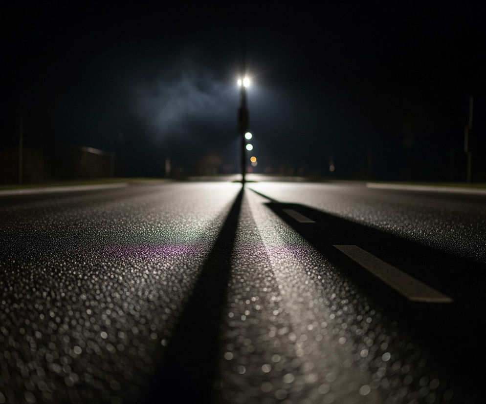 Nocny widok na drogę, oświetloną pojedynczą latarnią uliczną w oddali, która rzuca długi, czarny cień wzdłuż asfaltu. Droga jest mokra i pokryta drobnymi, błyszczącymi kroplami wody, odbijającymi światło. Po prawej stronie widoczny jest fragment przerywanej białej linii, również rzucający cień. W tle widać delikatną mgłę lub dym unoszący się wokół źródła światła, a także słabo widoczne, rozmyte światła w zielonych i pomarańczowych barwach.