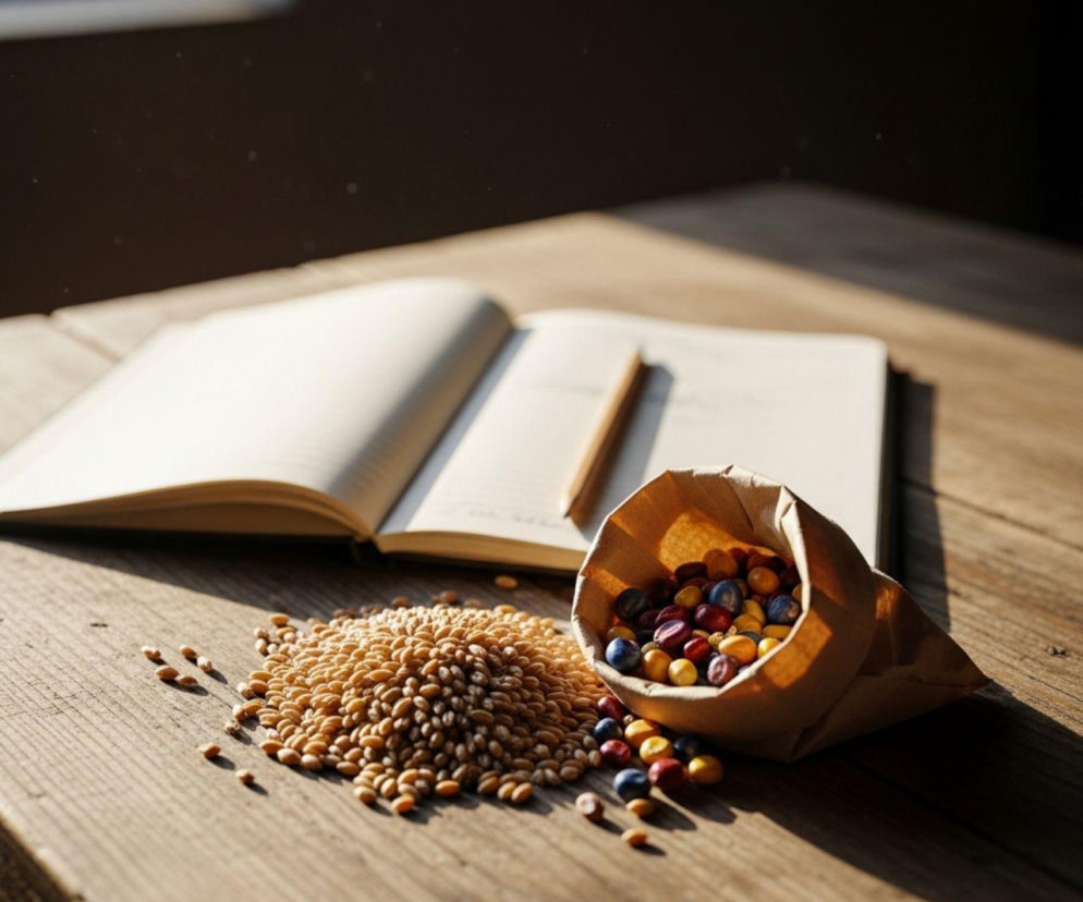 Książka i ołówek na drewnianym stole, obok rozsypane ziarna zboża oraz kolorowe nasiona z papierowej torebki. Scena symbolizuje planowanie przyszłego sezonu rolnego i dywersyfikację upraw, o której można przeczytać na Super Biznes.