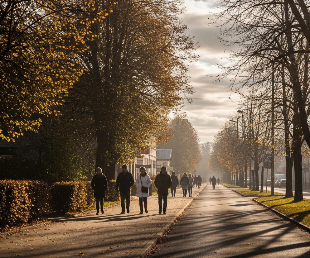 Ulica oświetlona promieniami zachodzącego słońca, wypełniona ludźmi spacerującymi po chodniku. Po lewej stronie widać żywopłot i gęste drzewa z liśćmi w jesiennych odcieniach złota i brązu, rzucające długie cienie na chodnik. Po prawej stronie wzdłuż ulicy stoją drzewa o nagich gałęziach, a w oddali majaczą budynki i zaparkowane samochody. Niebo jest częściowo zachmurzone, z wyraźnymi promieniami słońca przebijającymi się przez chmury.