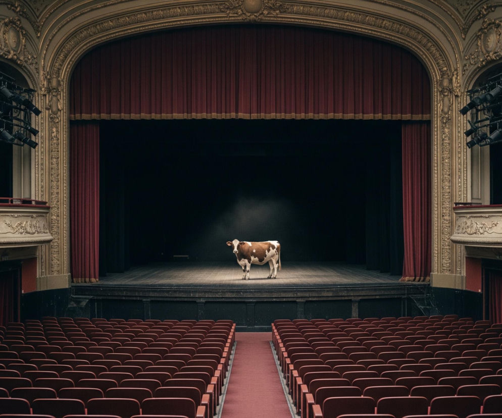 Na scenie teatralnej, oświetlona punktowym światłem, stoi brązowo-biała krowa, zwrócona pyskiem w stronę widowni. Scena wykończona jest drewnianymi deskami i otoczona ciemnoczerwonymi, pofałdowanymi kurtynami. Złote, ozdobne obramowania arkad scenicznych oraz balkony po obu stronach wypełniają przestrzeń ponad pustymi rzędami bordowych foteli widowni.