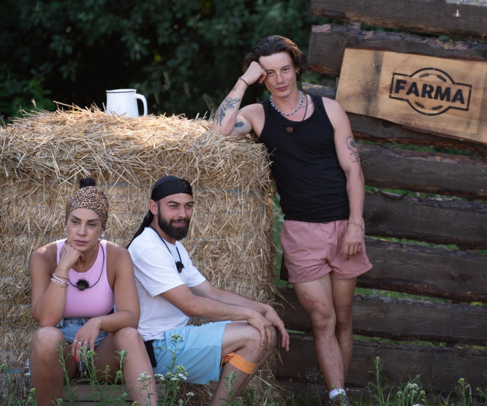 Troje uczestników reality show Farma 5 – kobieta i dwóch mężczyzn – pozują na tle snopka siana i drewnianego płotu z logo Farma. Kobieta siedzi na pierwszym planie, zamyślona. Mężczyźni stoją i siedzą obok. Scena oddaje napięcie przed walką o jedzenie, o czym przeczytasz na Super Seriale.